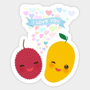 Kawaii lychee and mango with pink cheeks and winking eyes Sticker